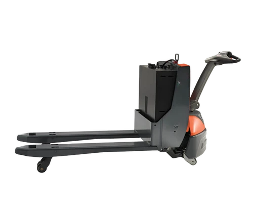 pallet jack electrico de color negro y naranja